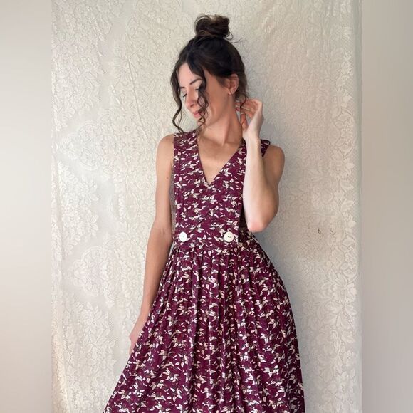 Vintage 80s Purple Floral Pinafore Dress 100% Rayon Apron Style Overall Dress - Picture 10 of 11